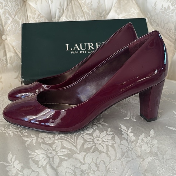Lauren Ralph Lauren Genuine Patent Leather Burgundy Pumps Rounded Toe Heels Fall - Picture 7 of 14
